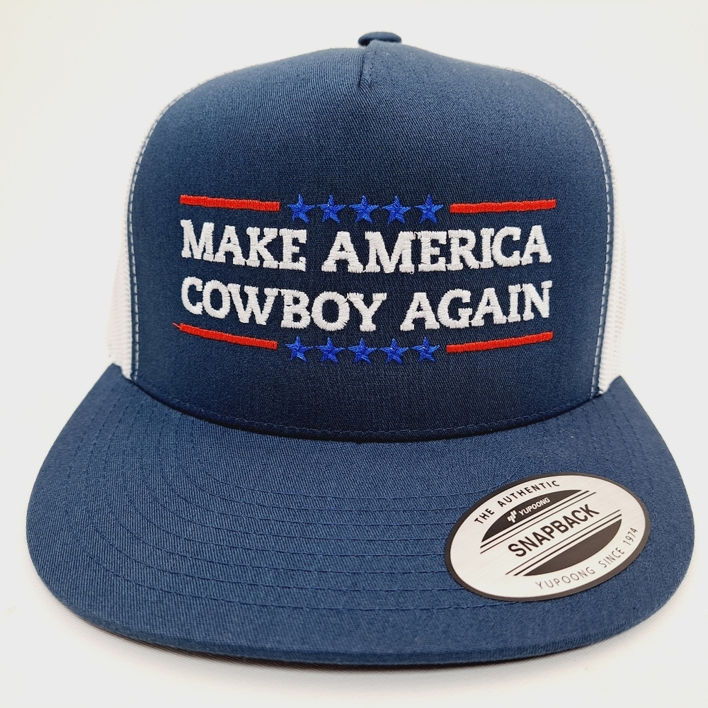 Make America Cowboy Again Flat Bill Trucker Mesh Snapback Cap Hat Navy & White